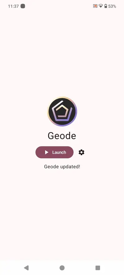 The Geode launcher home screen with the pentagon logo, the Launch button and a Geode updated confirmation
