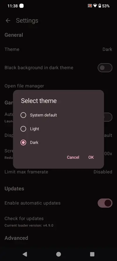 The Geode launcher theme picker with system default, light and dark options over the dark settings screen